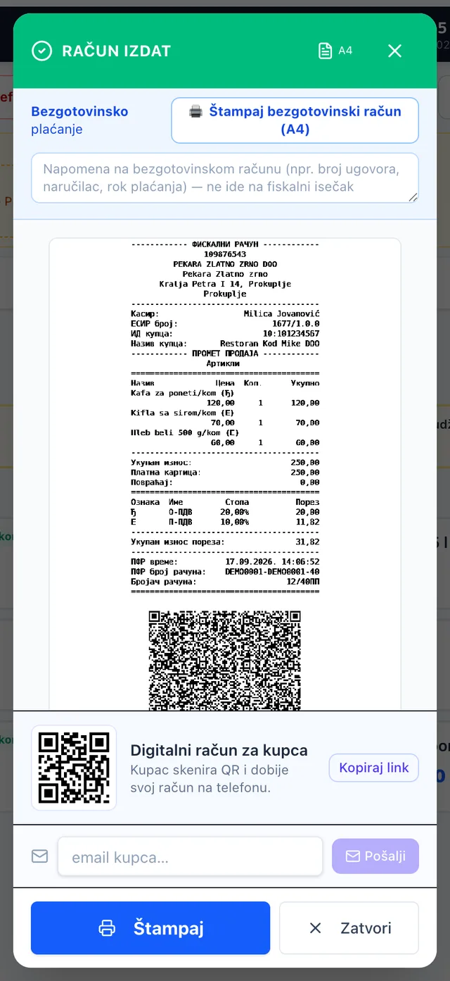 Izdat fiskalni račun sa stavkama, porezima, PFR podacima i verifikacionim QR kôdom